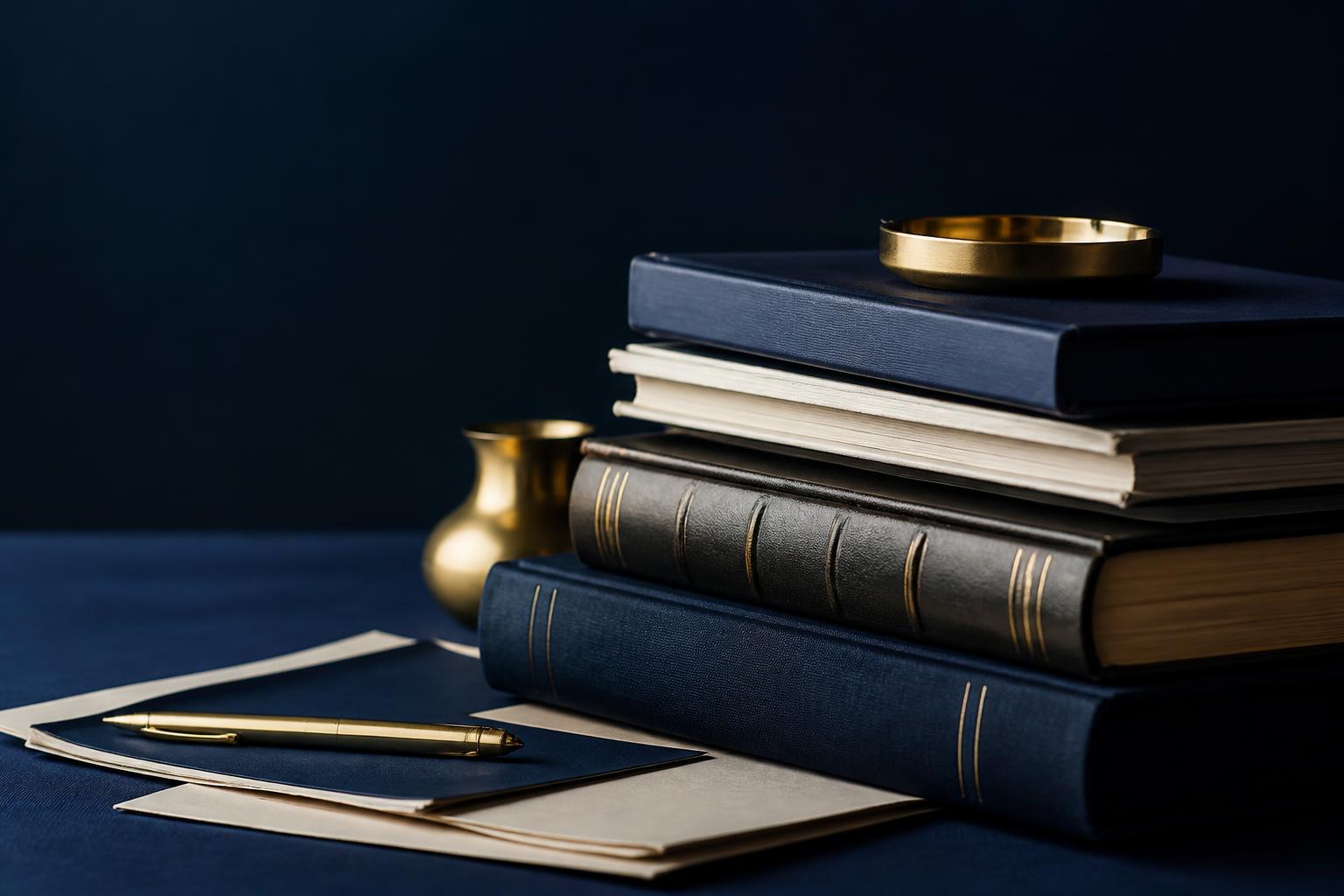 Stapel eleganter Bücher und Zeitschriften in Dunkelblau und Gold